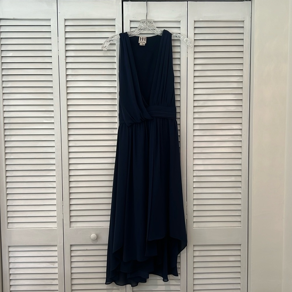 Haute Hippie asymmetric navy blue midi dress.